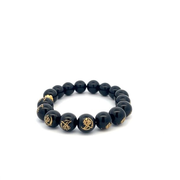24K Yellow Gold Money Bag Lucky Bracelet Carved Black Agate Gemstones 10mm - Picture 3 of 5